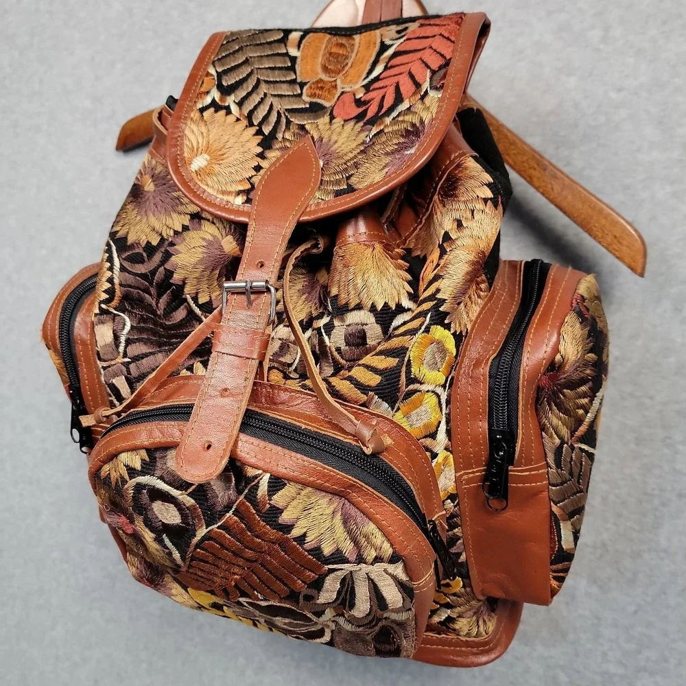 Handmade Guatemalan Leather and Embroidery Cotton Boho Backpack Artisan Floral